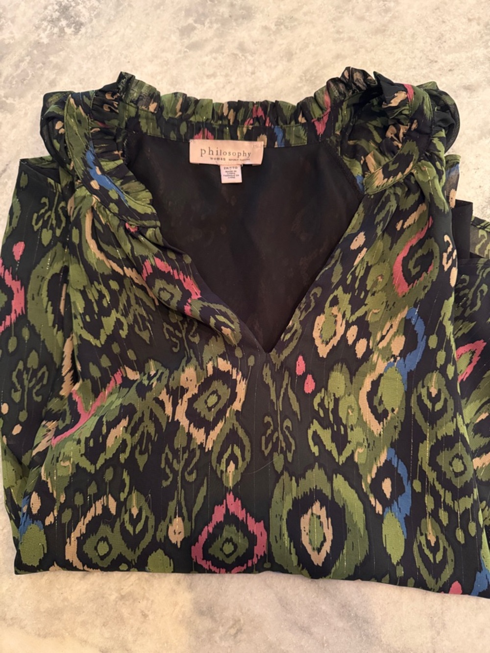 Philosophy Olive Green Multicolor Ikat Print Top